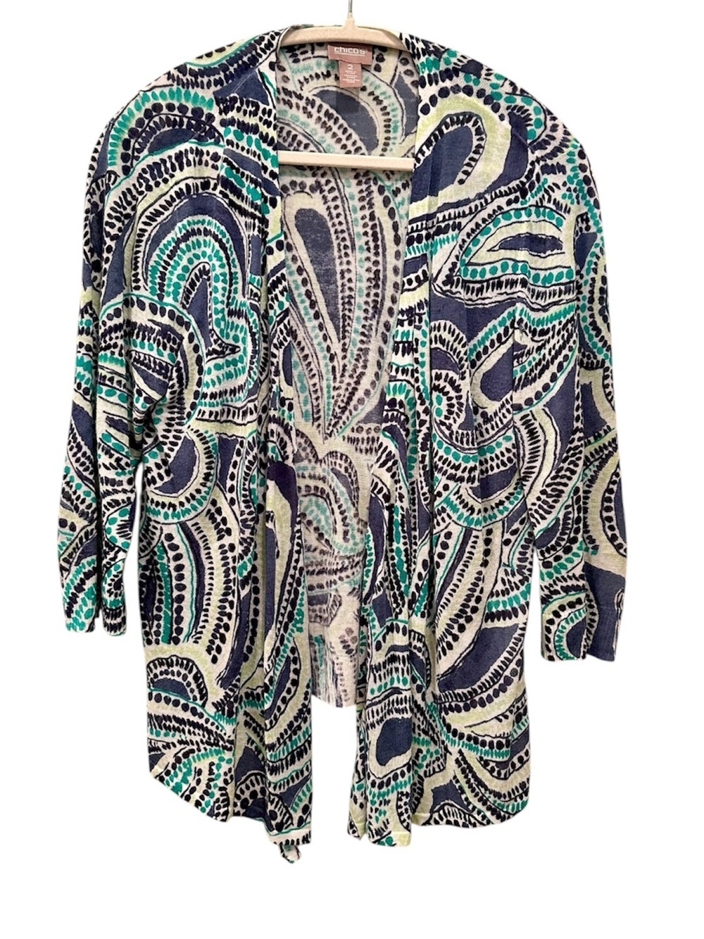 Chico's Open-Front Paisley Cardigan 3/4 Sleeves Lightweight Layer Sz 2 (Large)